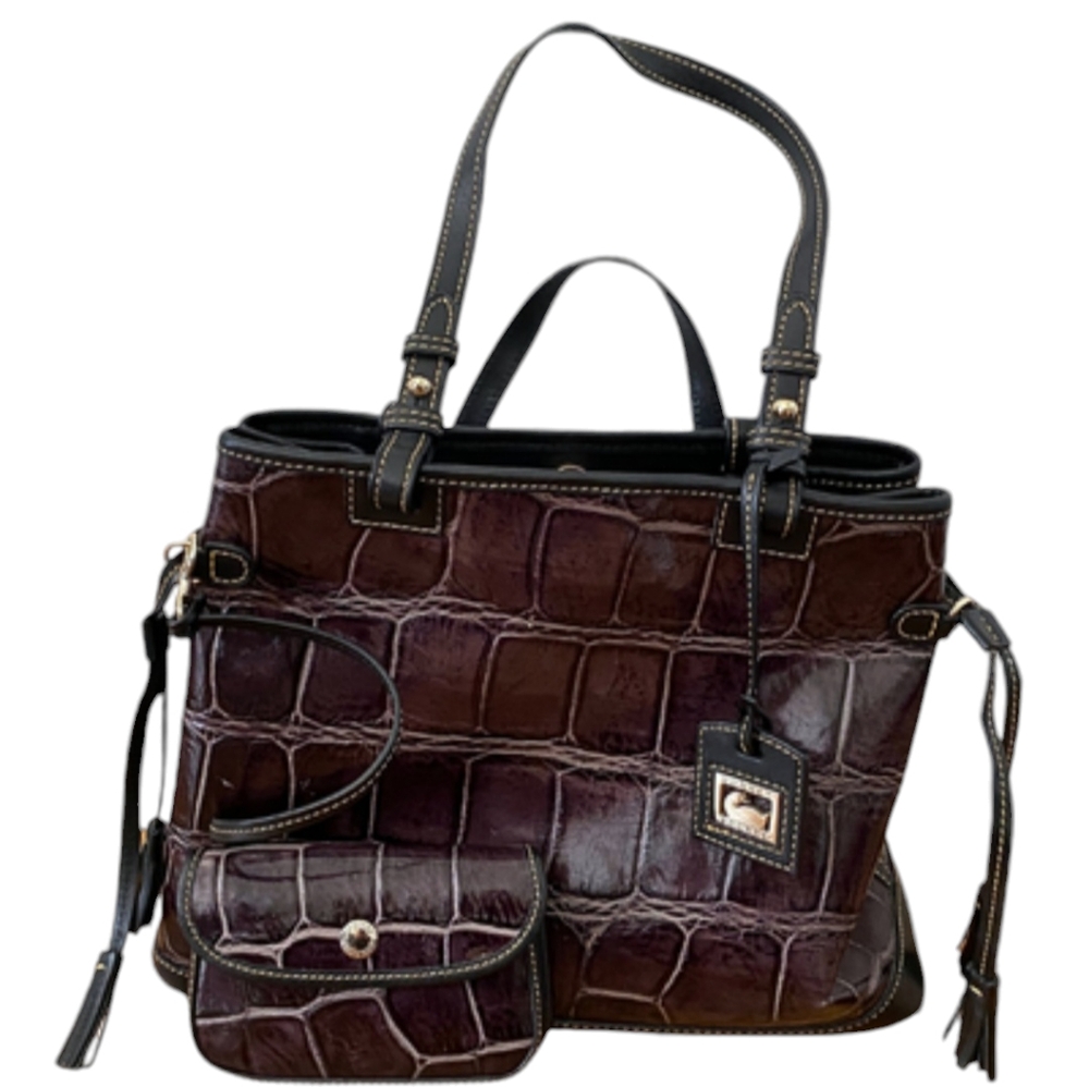 Dooney and Bourke Croco Purple Embossed Double Strapped Tassel Bag